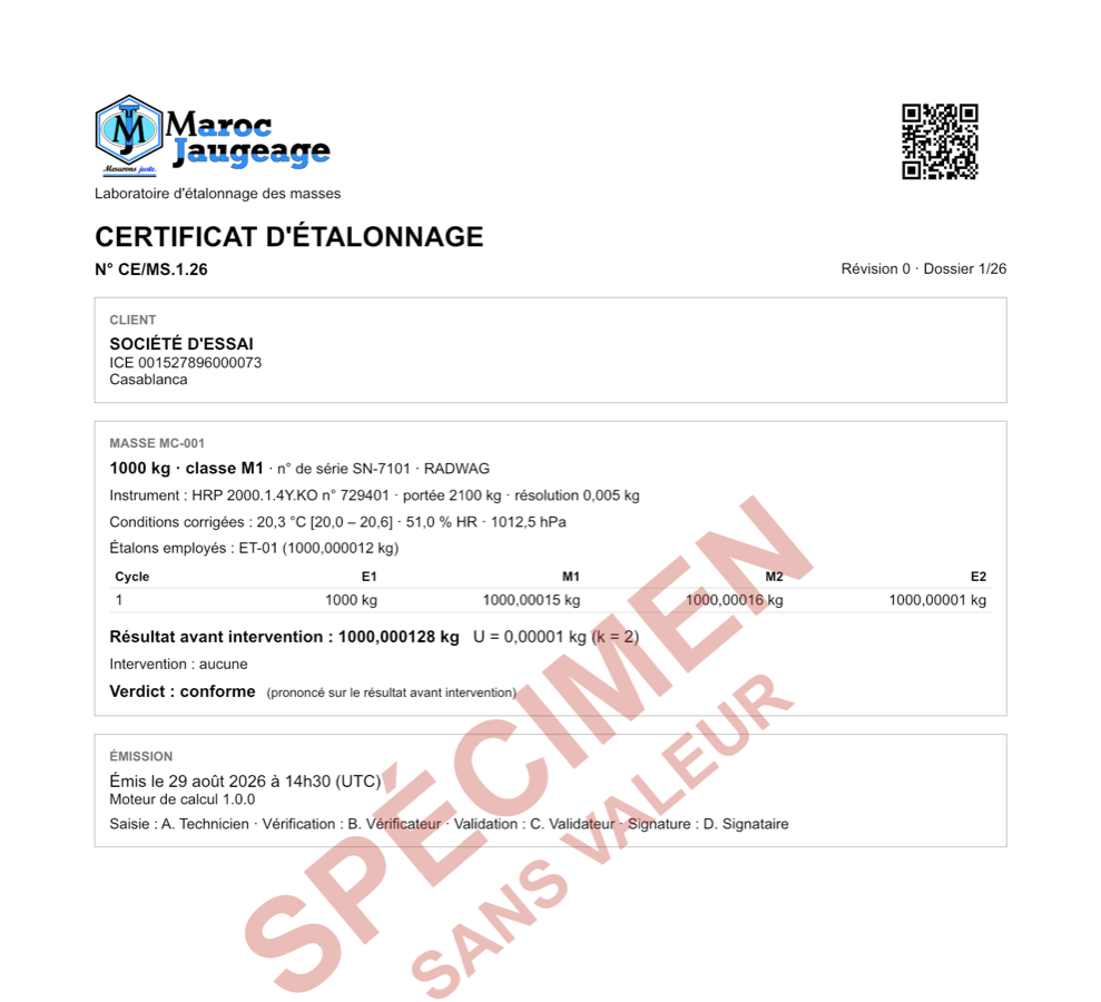 Certificat d'étalonnage de démonstration, barré du filigrane spécimen sans valeur.